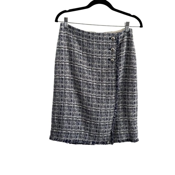 Talbots Women 2 Blue Tweed Preppy Fringe Trim Button Faux Wrap Pencil Skirt - Picture 1 of 9